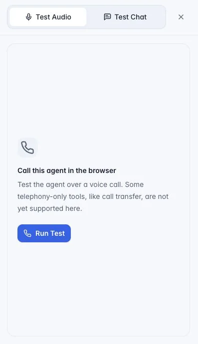 Browser test panel with Test Audio and Test Chat tabs and a Run Test button